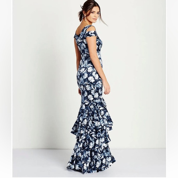 Kay Unger Cold Shoulder Floral Ruffle Hem Gown